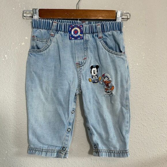 VTG 90s Baby Mickey & Co Jeans 12 Months Embroidered Patches Donald 100% Cotton - Picture 2 of 9